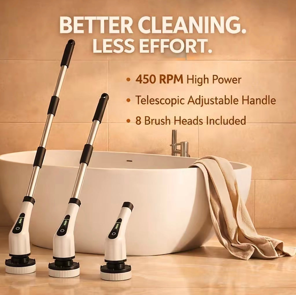 Turboclean™ Electric Cleaning Brush – Cordless Power Scrubber (8 Heads, 2 Speeds)